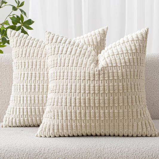 MIULEE Euro Sham Pillow Covers - Soft Boho Striped Corduroy | 24x24 Inch Cream White Decor for Sofa & Bed
