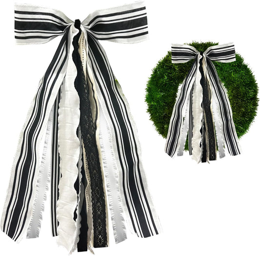 Skiennix Large White & Black Stripe Bow - Burlap Fabric Ribbon Set for Wreath Decor