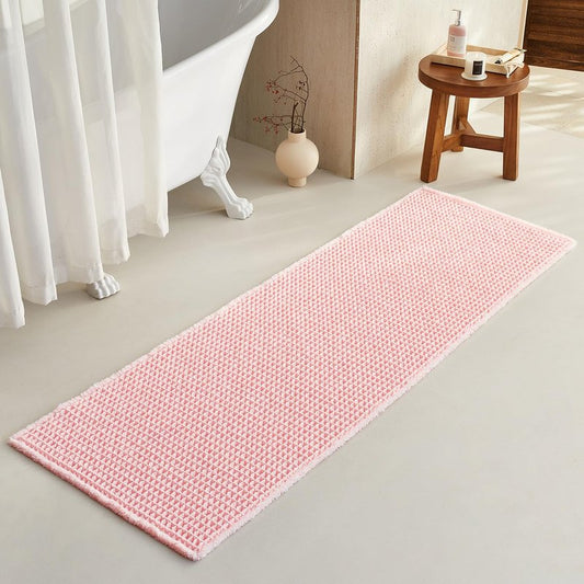 TYUU Light Peachy Pink Long Bathroom Rugs, Waffle Runner Rug Bathroom Non Slip Washable Quick Dry Cute Bath Mat Boho Farmhouse Bath Mat, 72"x24" Light Peachy Pink