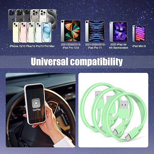 3-Pack Green [3.3FT+3.3FT+6FT] USB A to USB C Cable，USB to USB C Car Carplay Cable for iPhone 16 15 Pro Plus Pro Max，for iPad Pro/Air/Mini，for Samsung S24/S23/S22/S21，for MacBook Pro/Air and More
