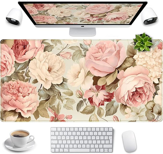 Cute Floral Desk Mat Pastel Roses Gaming Mouse Pad XXL Large Extended Flowers Desk Pad, Laptop Keyboard and Mouse Mat with Stitched Edges, Women Computer Desktop Mat Gamer Playmat 31.5x15.7 in