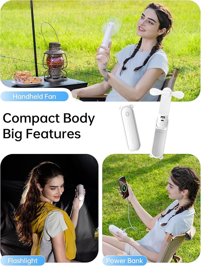 JISULIFE Handheld Fan 8 Plus: All-in-One Mini Fan with 40Hrs Cooling & 4500mAh PowerBank & Flashlight, USB Rechargeable, Portable Pocket Size for Travel, Makeup, Concert, Gifts for Women(White)