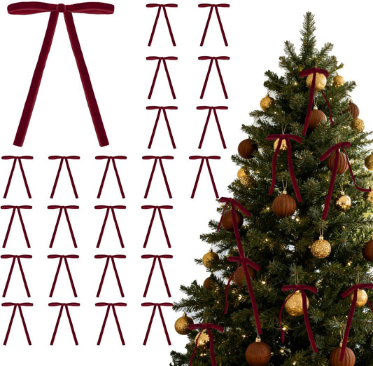 Regine Switzerland 24Pcs Velvet Bows - Burgundy Christmas Tree Ornaments for Festive Decor