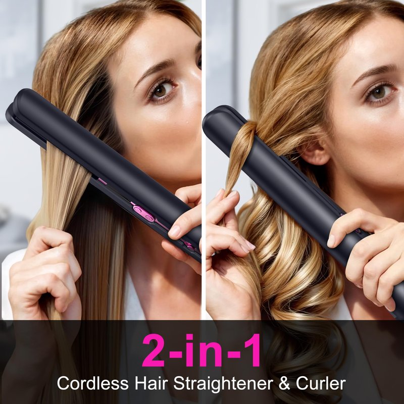 2-in-1 Cordless Flat Iron Hair Straightener & Curlerr, Rechargeable Cordless Hair Straightener with 9600mAh Battery LCD Display Negative Ion Tech 6 Adjustable Temps Heat-up in Seconds for Home Blue