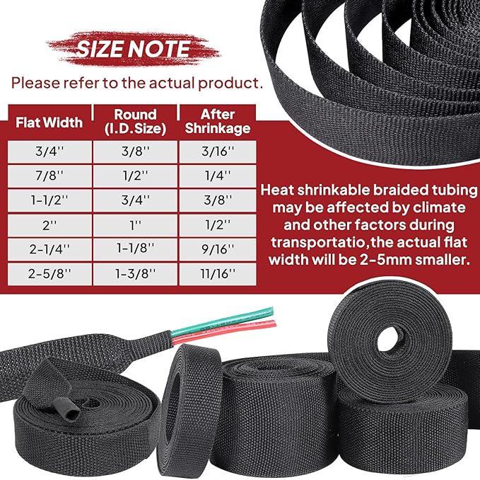 BuyUneed Heat Shrinkable Braided Sleeving 2:1 Ratio- Abrasion Protection Flexibility Wiring Harness Cable Sheath (3/4" ID, 30ft)