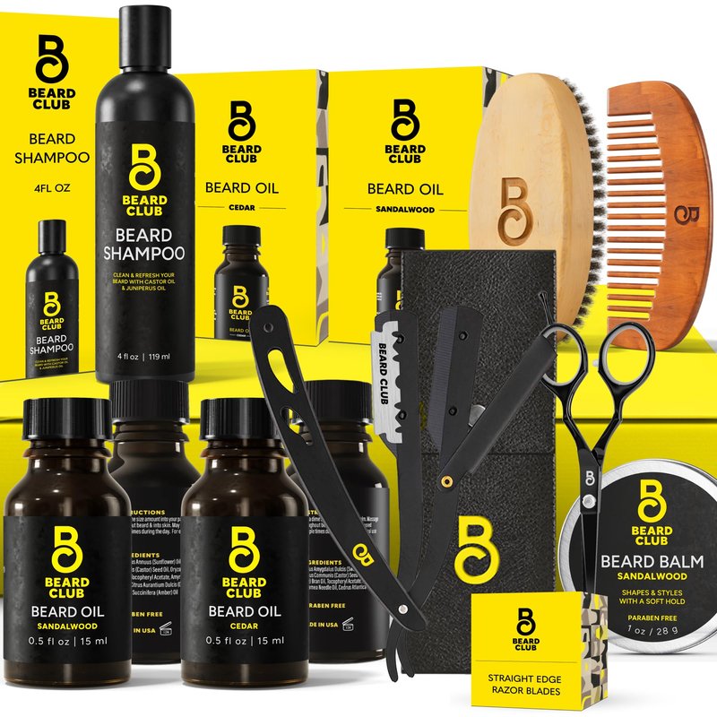 The Beard Club Premium Beard Kit for Men - Grooming & Care Kit - Cedar & Sandalwood Oil, Sandalwood Balm, Shampoo, Brush, Comb, Trimming Scissors, Straight Edge Razor - Gift Set