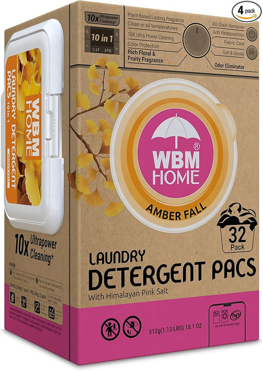 WBM Home Laundry Detergent Pods, Total 128 Count | Amber Fall Fragrance | 10 in 1 Laundry pods Detergent Ultra Power Cleaning with Plant-Based Scent, Extra Protection With 4D Stain Remover