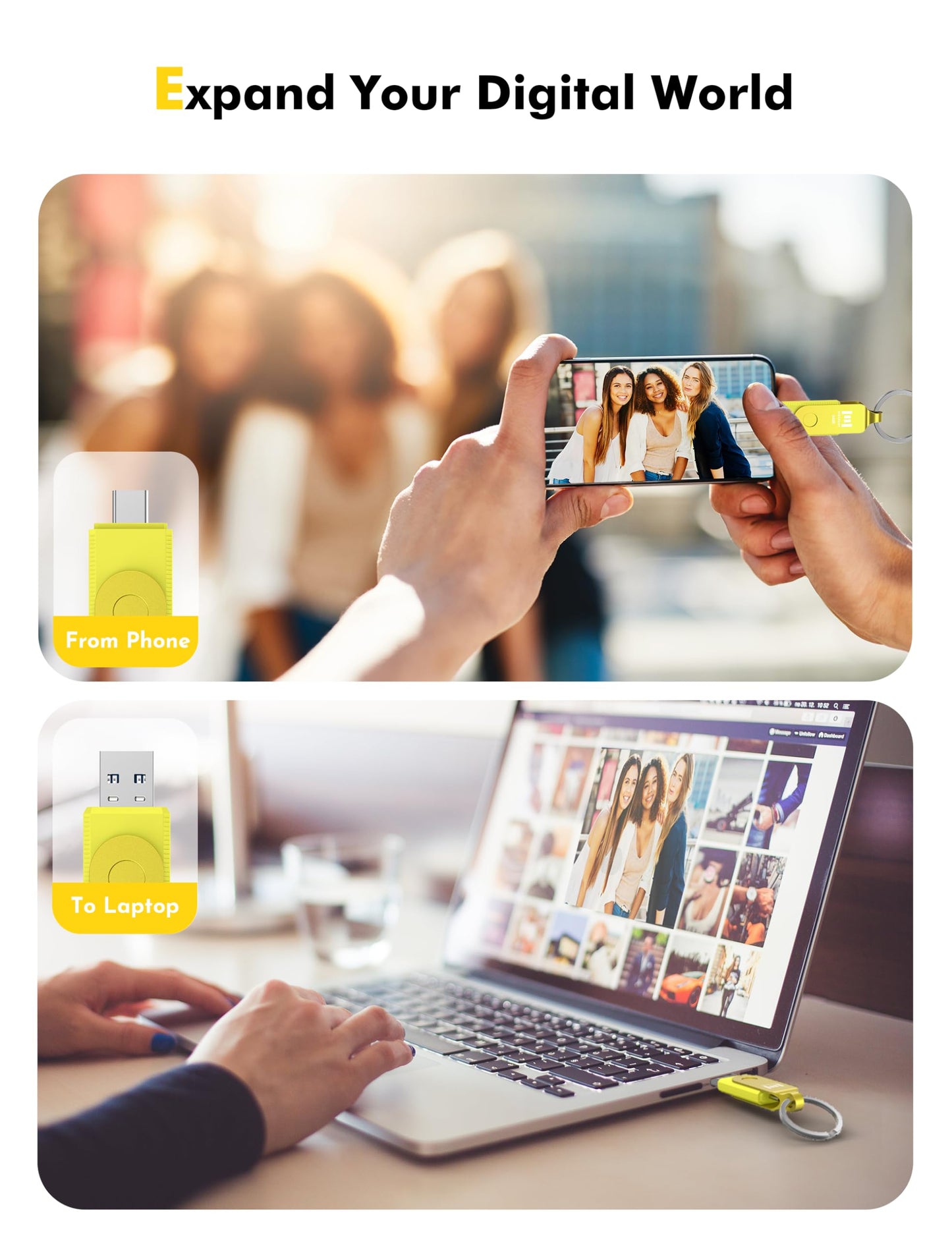 MOSDART 64GB USB C 3.2 Fast Speed C and A Dual Flash Drive, exFAT Memory Stick with Keychain and LED Indicator, for iPhone 15,16, 17, Android Phone, iPad, MacBook, and Other Laptops,Yellow