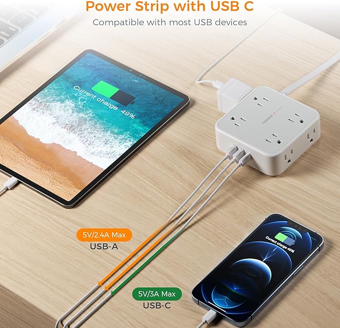 TESSAN Surge Protector Power Strip, 25 Ft Flat Plug Extension Cord with 3 USB (1 USB C 20W PD) 8 Outlets, 1250W, 900J Protection, 3 Sided Outlet Extender with Power Switch for Office, Dorm Room, Grey
