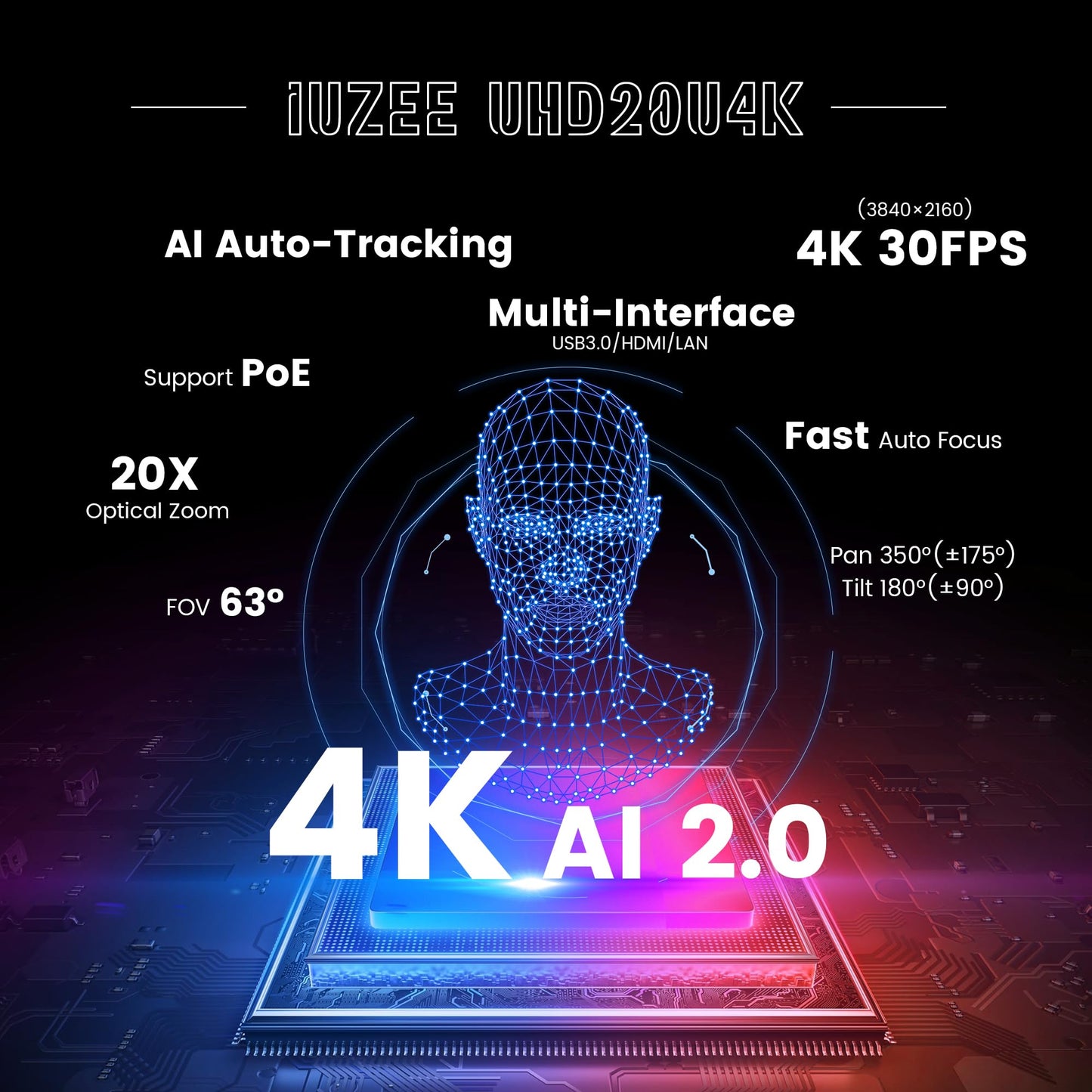 iuZee 4K UHD PTZ Camera AI-Auto Tracking, 20X Optical Zoom, USB3.0/HDMI/LAN PoE, IP Live Streaming, PTZ Conference Room Camera for Church Services Education Conference Events, Work with YouTube OBS