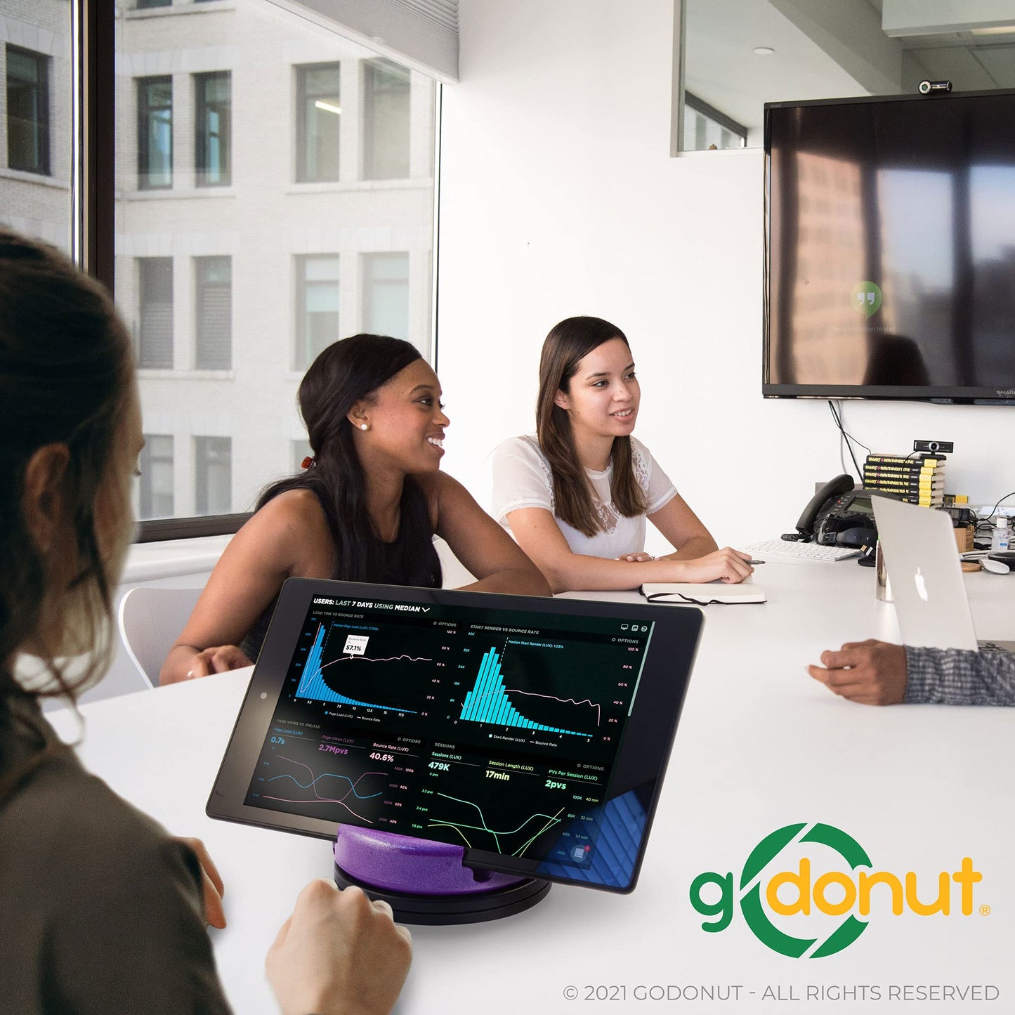 GoDonut 360 Swivel – Smartphone and Tablet Stand and Desk Organizer with 360 Degrees Device Rotation - Compact and Portable for Travel, Office and Home - Made in USA (Black)