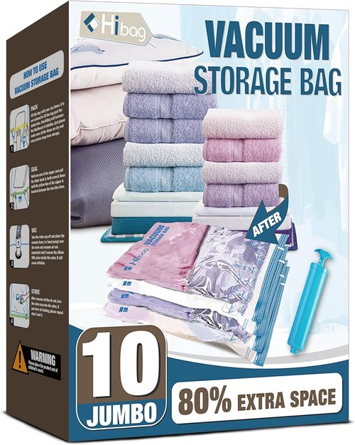 HIBAG Vacuum Storage Bags - 10 Jumbo Space Saver Seal Bags for Clothes, Comforters & Bedding