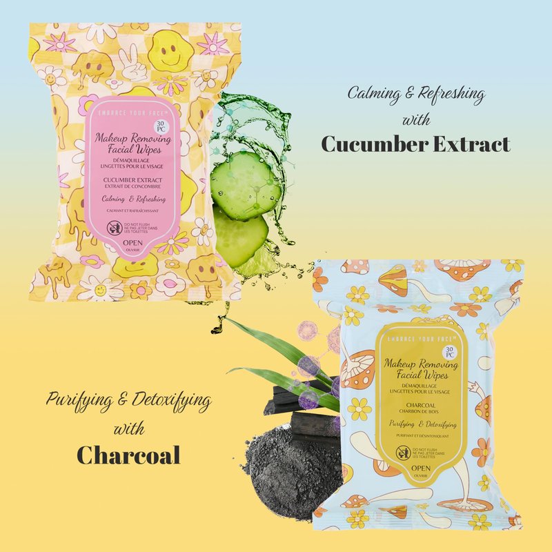 120pc Makeup Removal Wipes Variety Set | 4-Pack Groovy Botanical Makeup Remover Facial Cleansing Towelettes with Charcoal, Tea Tree, Cucumber, & Aloe Vera