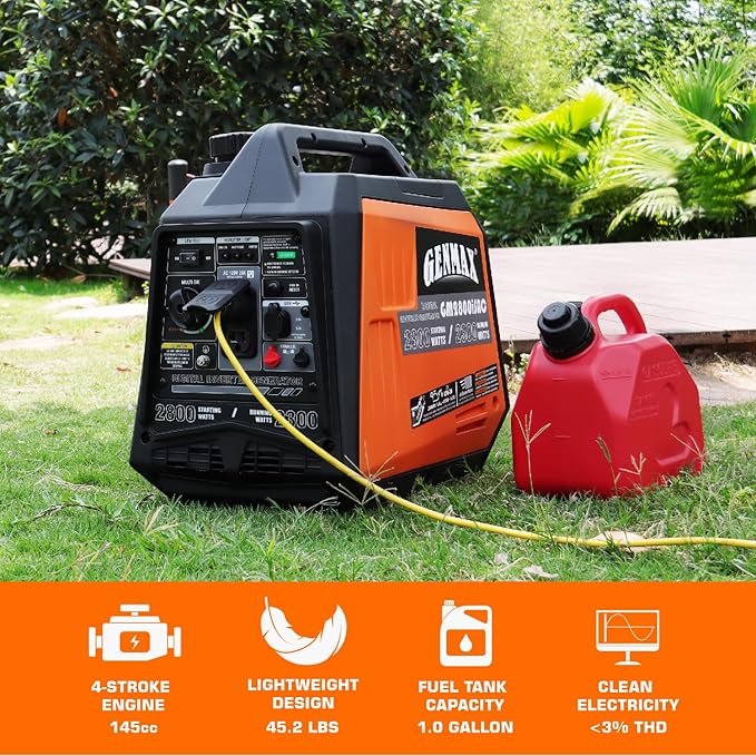 GENMAX Portable Generator, 2800W ultra-quiet gas engine,with CO Sensor and Parallel Capability, Ideal for camping outdoor Home backup power.EPA &CARB Compliant (GM2800iSAC)