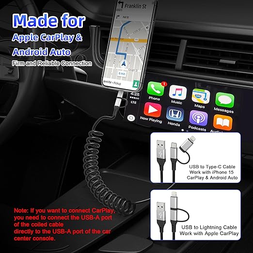 USB to USB-C and Lightning Cable 2 in 1 Coiled Cable Support Carplay & Android Auto [MFi & 3A Fast Charge & Data Sync] Coiled Lightning and USB C Cable for iPhone 17/16/15/14/13/Android, Silver