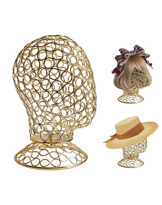 CHADWICK Wig Head Stand Metal Hollow Mannequin Head Hat Display Stand Wig Holder, Wig Display Model Head Wig Stand for Wigs, Hats, Caps, Headdress, Headphones, Dome + Detachable Stand, Chrome Gold
