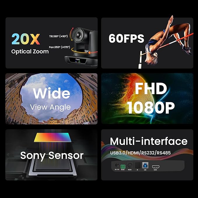 iuZee 4K UHD PTZ Camera AI-Auto Tracking, 20X Optical Zoom, USB3.0/HDMI/LAN PoE, IP Live Streaming, PTZ Conference Room Camera for Church Services Education Conference Events, Work with YouTube OBS