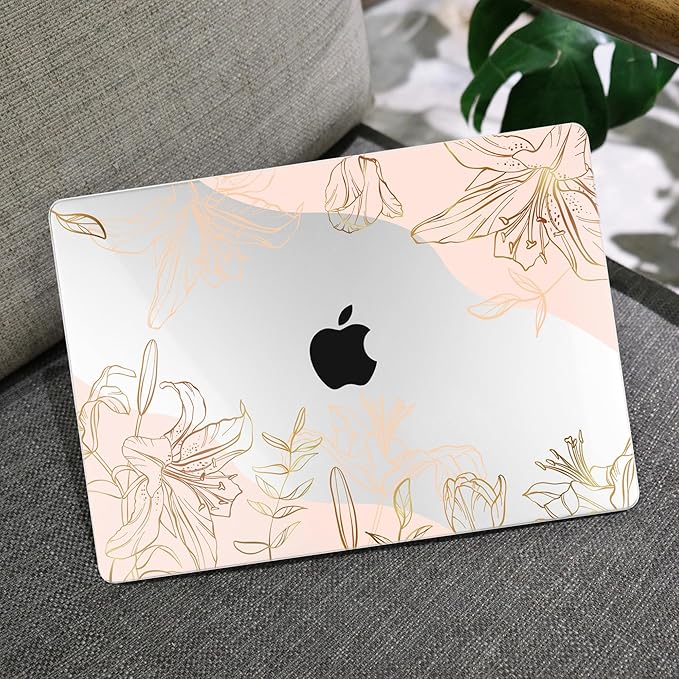 MEEgoodo for M5/M4/M3/M2 MacBook Air 15 inch Case 2026 2025 2024 2023, Case Fit Model (A3448/A3241/A3114/A2941) for MacBook Air 15.3 inch, Gold Flowers Lilies