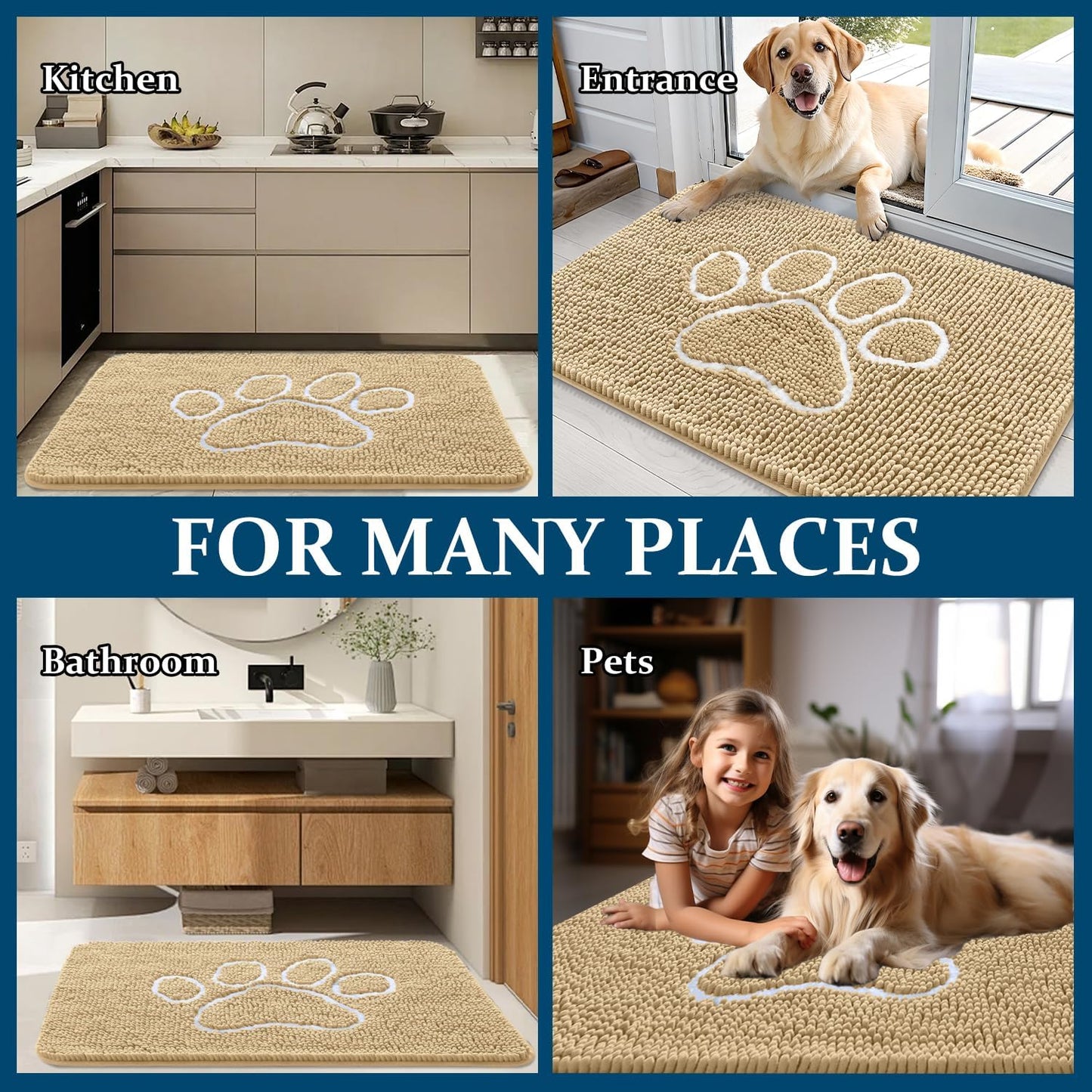 OLANLY Dog Door Mat - Absorbent Non-Slip Mud Mat for Muddy Paws | 48x30 Paw Print Design, Quick Dry Beige