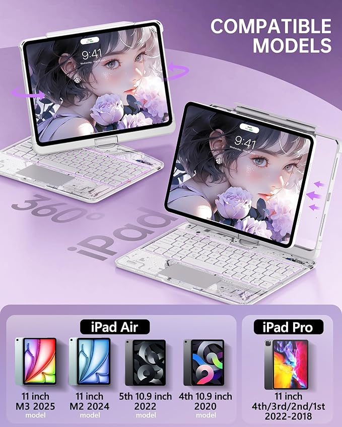 Intermerge Transparent Case with Keyboard for iPad Air 11"(M4/ M3/ M2, 2026/2025/ 2024), Air 5th/4th, Pro 11" 2022-2018, 360° Swivel Multi-Touch Trackpad, 7-Color Backlit, Pencil Holder, Frost Pulse