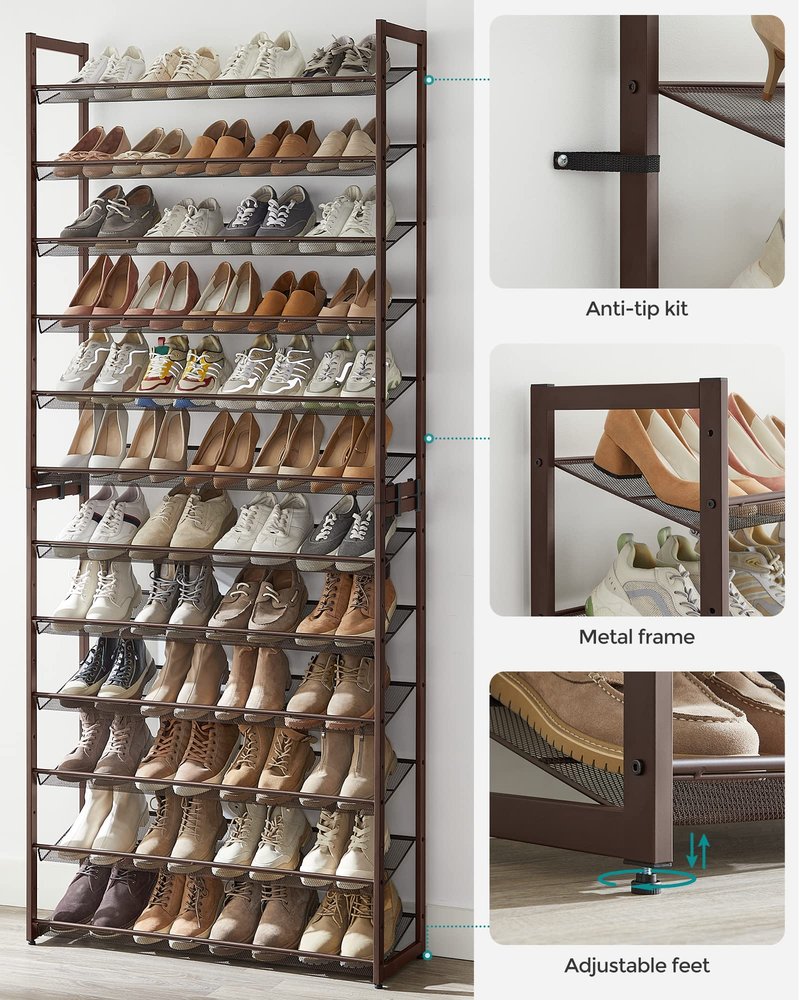 SONGMICS Shoe Rack, 12-Tier Shoe Organizer, Metal Rack for Garage, Set of 2, 6-Tier Stackable Shelf, with Adjustable Flat or Angled Shelves, Holds 48-60 Pairs, Bronze ULMR12A