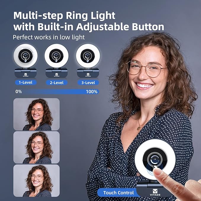 VITADE Streaming Webcam with Adjustable Ring Light, Full HD 1080P Webcam with Dual Microphones and Advanced Auto-Focus,Pro Web Camera for Online Learning, Zoom Meeting Skype Teams, Gaming Laptop