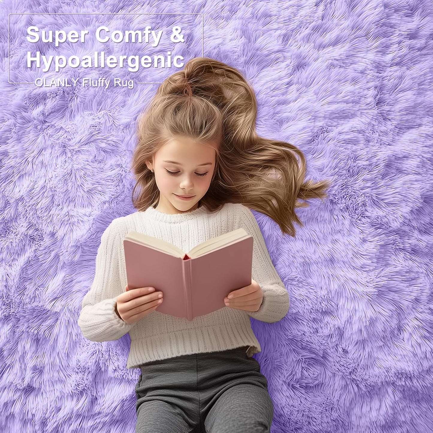 OLANLY Area Rug - Soft Fluffy Shaggy Design | Machine Washable 4x5.9 ft | Light Purple for Kids' Rooms