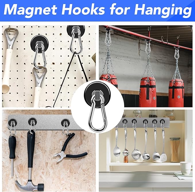 LOVIMAG Strong Magnetic Hooks, 12 Pack Magnetic Hooks Heavy Duty 70LBS Strong Neodymium Magnets with Carabiner Hook, Magnet Hooks with Swivel for Kitchen, Hanging, Cruise, Grill, Refrigerator - Black