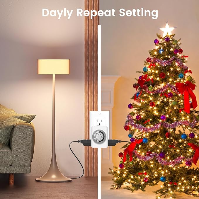 AaiVrylliz Outlet Timer,Timers for Electrical Outlets Indoor with 3-Prong Dual Outlet,24-Hour 30 Minute Daily On/Off Cycle, Plug-in Mechanical Timers for Christmas Lights, Lamps, Grow Light (2-Pack)