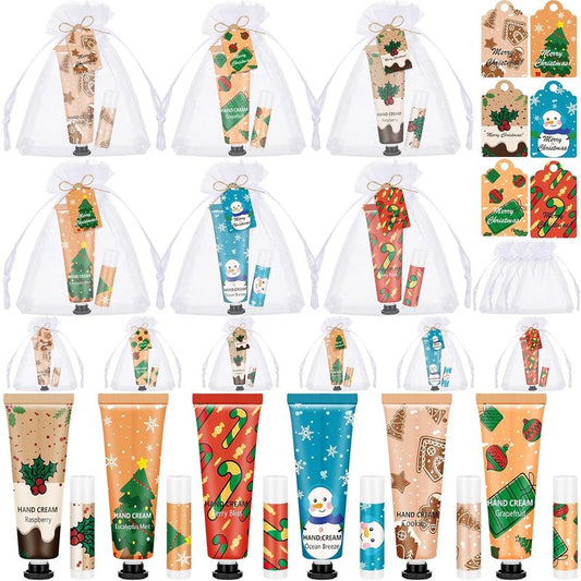 Christmas Hand Cream & Lip Balm Gift Set - 12 Sets, 48 Pcs | Travel Size, Mini Lotion for Dry Skin, Perfect Stocking Stuffers