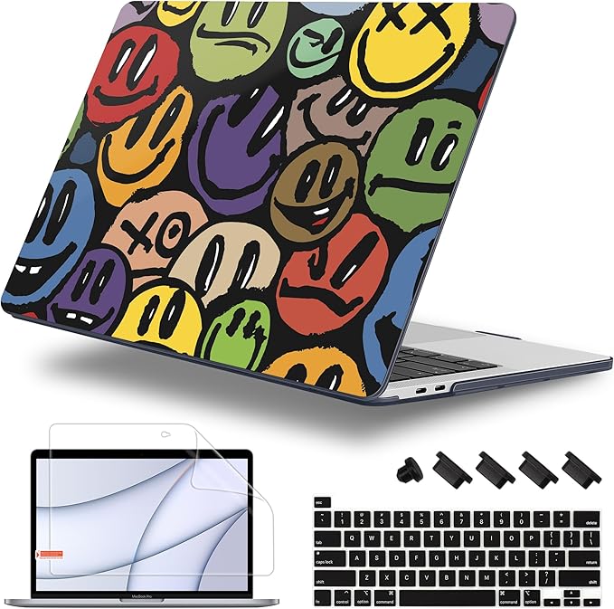 Lepeoac Case for MacBook Pro 13 inch Case M2 2022-2016 A2338 M1 A2251 A2289 A2159 A1989 A1708 A1706, Plastic Hard Shell + Keyboard Cover + Dust Plug, Happy Emoji