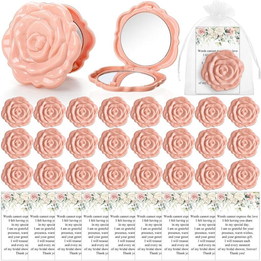 Bridal Shower Party Favors - 30 Sets Rose Compact Mirrors with Thank You Cards & Organza Bags | Pink Champagne