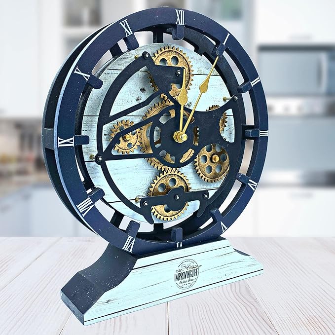 ImprovingLife The Gears Clock Desk Clock 10 inches with Real Moving Gears Convertible into Wall Clock (White Farmhouse)
