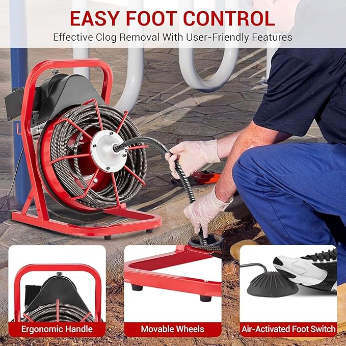 Drain Cleaner Machine, 75FT x 1/2 Inches Electric Drain Snake, 370W Auto Feed Sewer Snake Auger, Sewer Snake with 4 Cutters and Pneumatic Foot Switch, for 1" to 4" Pipes, High Armrests for Sinks