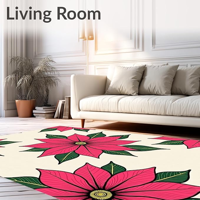 Flatwoven High Traffic Area Rug 3x5, Holiday Poinsettia Bathroom Festive Winter Floral Shower Curtain, Non Slip, Stain Resistant, Washable Area Rugs for Living Room, Bedroom (Pink, 3x5)