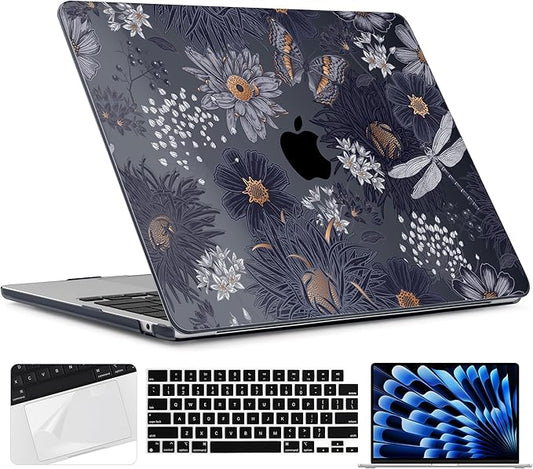 TWOLSKOO for MacBook Air 15 inch Case 2025 2024 2023 Release M4 A3241 M3 A3114 M2 A2941, Plastic Hard Shell & Screen Protector & Keyboard Cover & Trackpad Film, Wild Flower