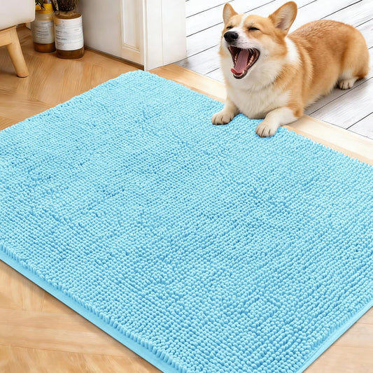 OLANLY Dog Door Mat - Absorbent Non-Slip Washable Chenille Mat for Muddy Paws | 40x32 Blue