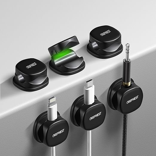 Cord Organizer [Fast Lock] 6 Pack GRIPNEST Black Cable Management [Easy Grip] Cord Holder Clips, Adjustable Strong Adhesive Wire Holders for Cords, Desk, Office, Home, Car, or Nightstand.