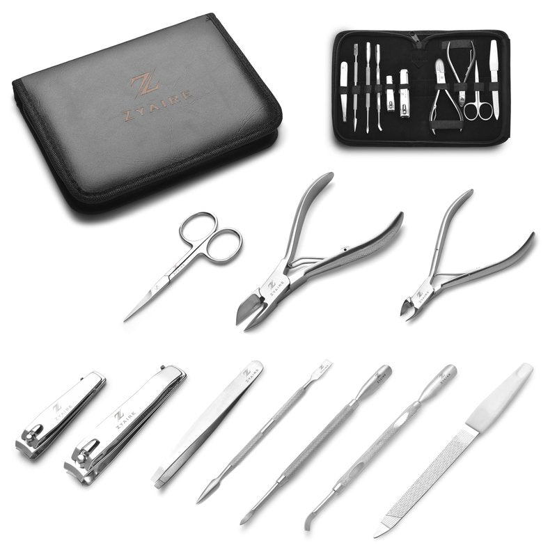 Manicure Pedicure Set - 10-in-1 Stainless Steel Grooming Kit, Personal Care Tools, Nail Nipper, Cuticle Cutter, Scissors, Tweezers, Blackhead Remover, Nail File & Case (Black)