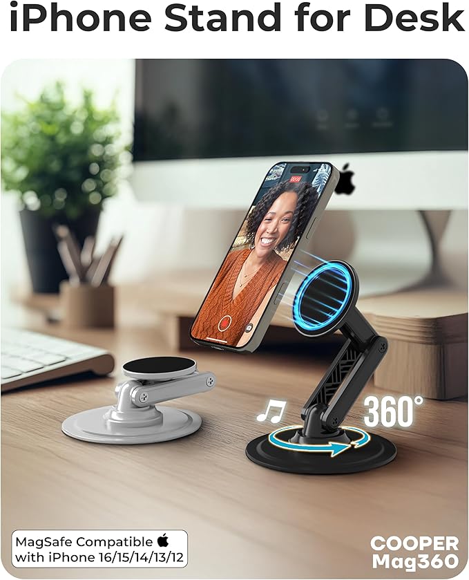 COOPER Mag360, Desktop MagSafe Stand for iPhone 17 Pro Max (16/15/14/13/12), Magnetic Phone Holder for Desk, 360° Rotating, Height Adjustable, Magnetic Phone Stand for Desk, with Metal Ring (White)