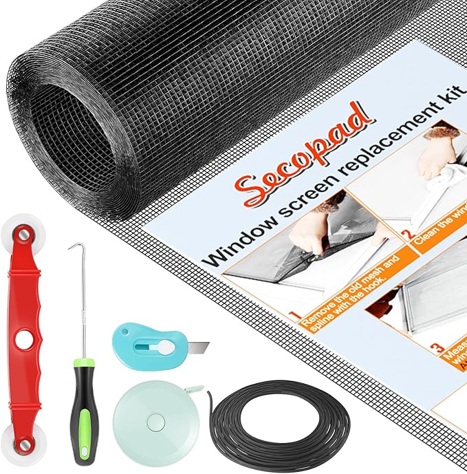 Secopad Window Screens Replacement Repair Kit, Black Screen Door Mesh Replacement Kit, Durable Fiberglass Mesh Roll with Tools for Windows Doors Patio and Porch, 48in x 118in