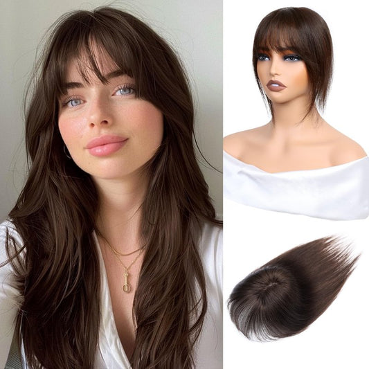 Inifale Hair Toppers for Women Clip in Bangs Real Human Hair,30g Dark Brown Topper for Women 150% Density Silk Base Clip in Pieces Straight Hair