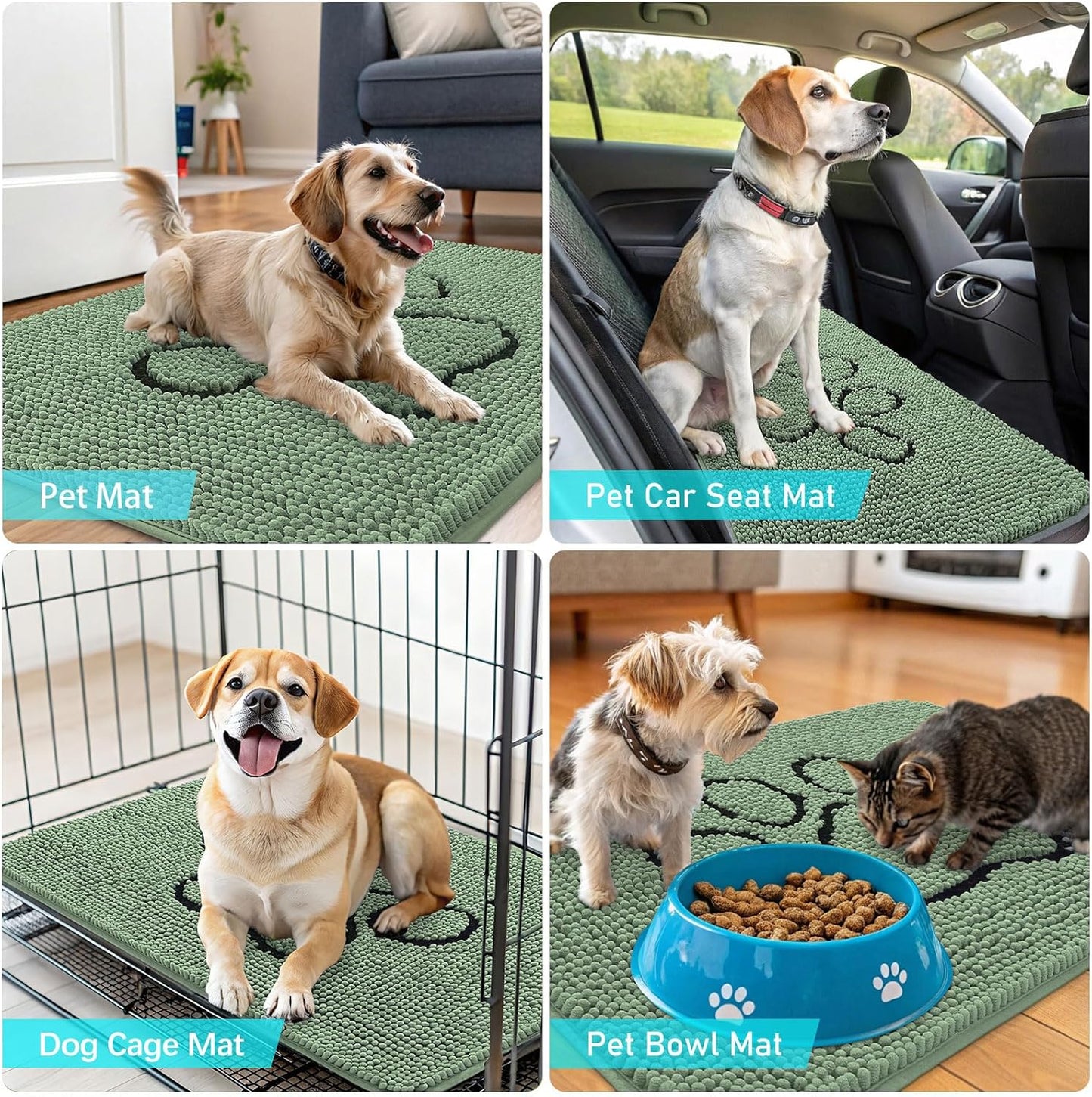 OLANLY Dog Door Mat - Absorbent Non-Slip Mud Mat for Muddy Paws | 30x20 Olive Green Paw Print Design