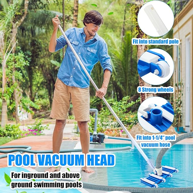 Pool Vacuum Kit Swimming Pool Vacuum Head With 1-1/2" x 30ft Pool Vacuum Hoses Flexible Pool Vacuum Head with Wheels And 14 '' Pool brush for Inground Pool Cleaning