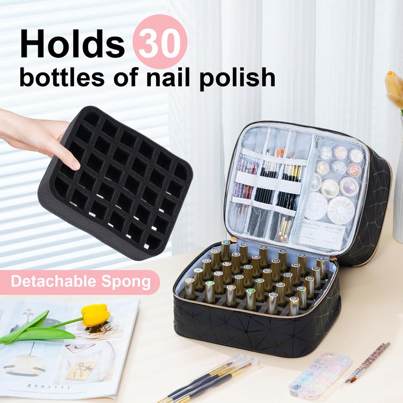 Uross Nail Polish Organizer Bag Holds 30 Bottles Nail Polish & Nail Kit -Nail Polish Storage Organizer Bag Nail Supplies Organizer Case for nail tech - Lightpink
