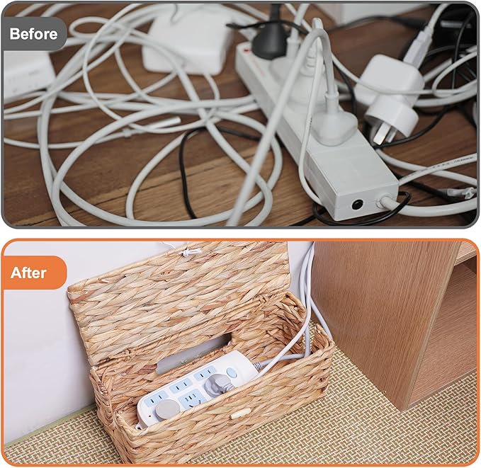 KWEEHAWTI Cable Management Box, Cord Hider Organizer Box with Lid 2-Pack,2 Side Open Slots Handwoven Water Hyacinth Storage Box for Power Strips, Floor, Desk, Office