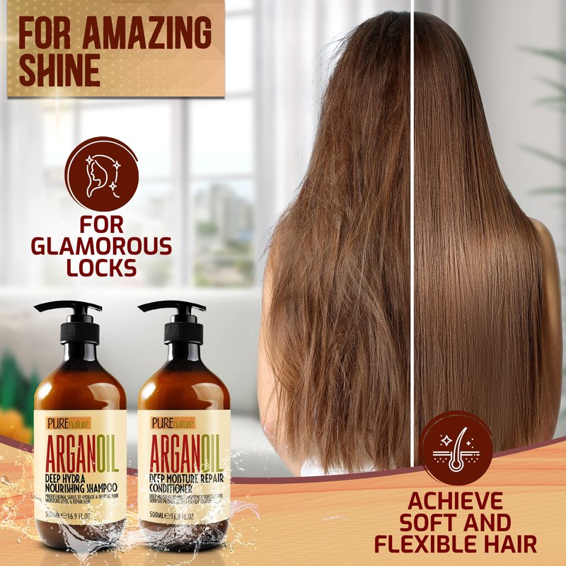 PURE NATURE Moroccan Argan Oil Shampoo and Conditioner and Hair Serum with Biotin, Castor, Rosemary Oil