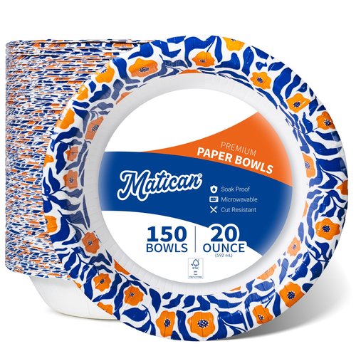 MATICAN Paper Bowls 20 oz, 150-Count Disposable Bowls, Heavy Duty Soak-Proof and Microwave-Safe Paper Bowls with Matisse-Style Floral Design, Great for Soup, Salad, Snacks, and Party Use