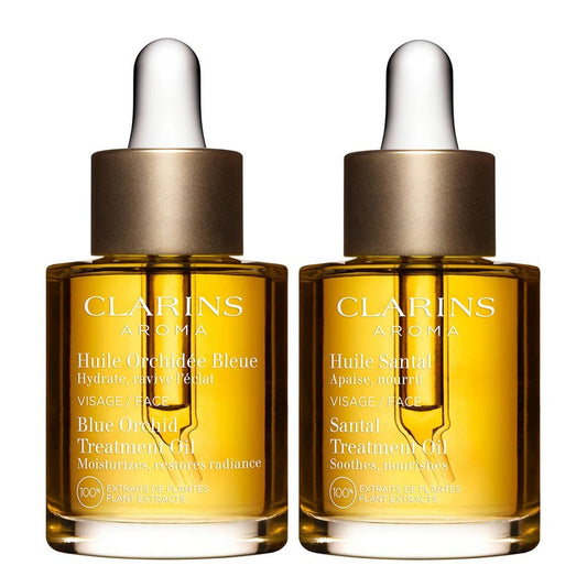 Clarins Blue Orchid Face Treatment Oil and Santal Face Treatment Oil Bundle | Hydrating Face Oil for Dehydrated Skin | Soothing Face Oil for Dry or Very Dry Skin