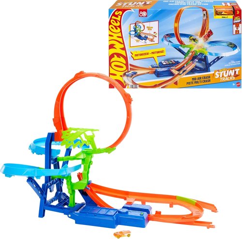 Hot Wheels Stunt Track Set - Mid-Air Crash Action with Motorized Booster & 1:64 Scale Die-Cast Car